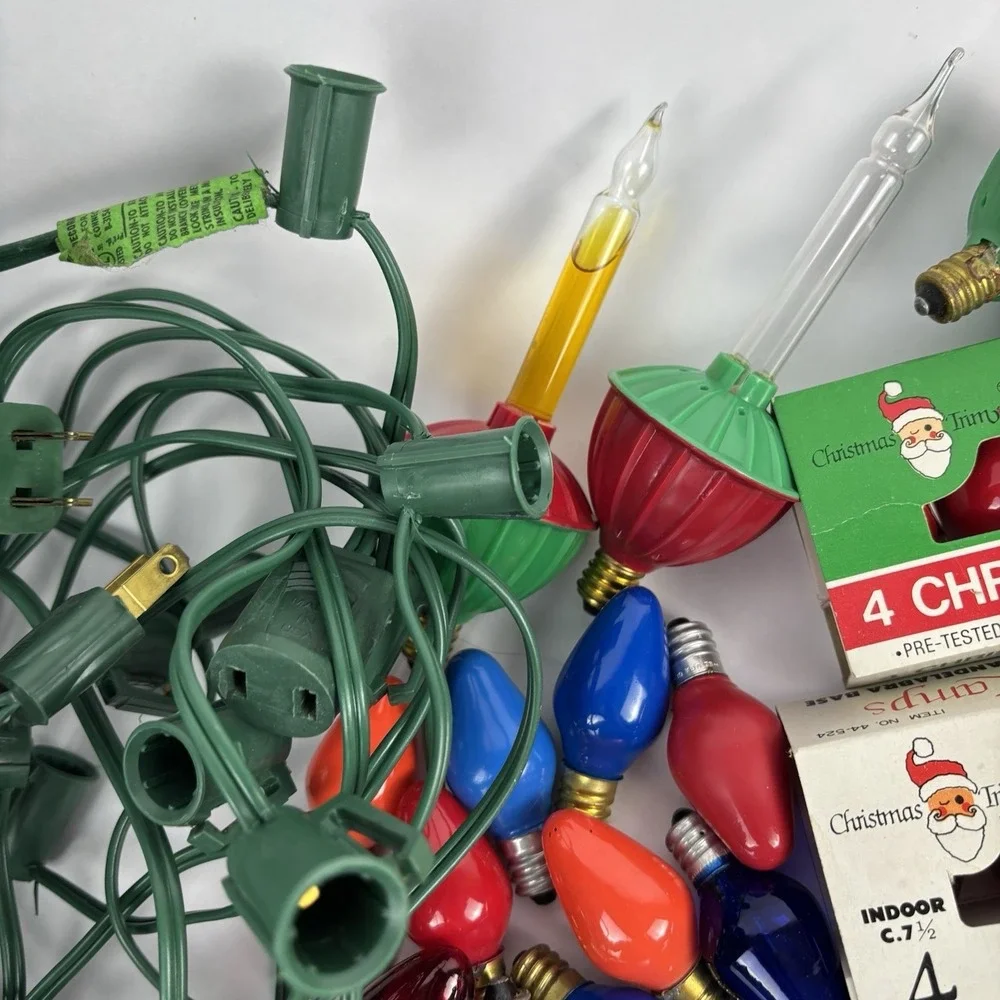 VTG CHRISTMAS C-7 LIGHT BULBS,  3 ELECTRICAL CORDS NEW AND USED